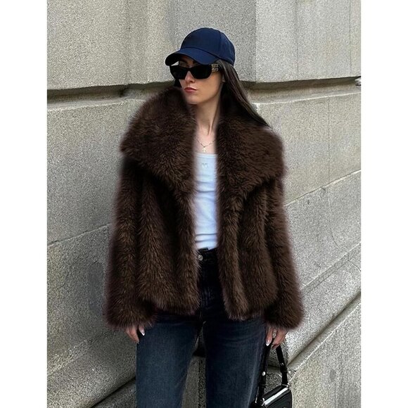 Womens Coffee Faux Fur Coat Shaggy Fluffy Jacket Long Sleeve Warm Winter Outwear - Picture 6 of 7